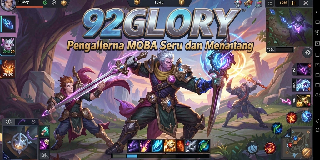 Tampilan menarik gameplay 92GLORY dalam aksi pertarungan tim MOBA.