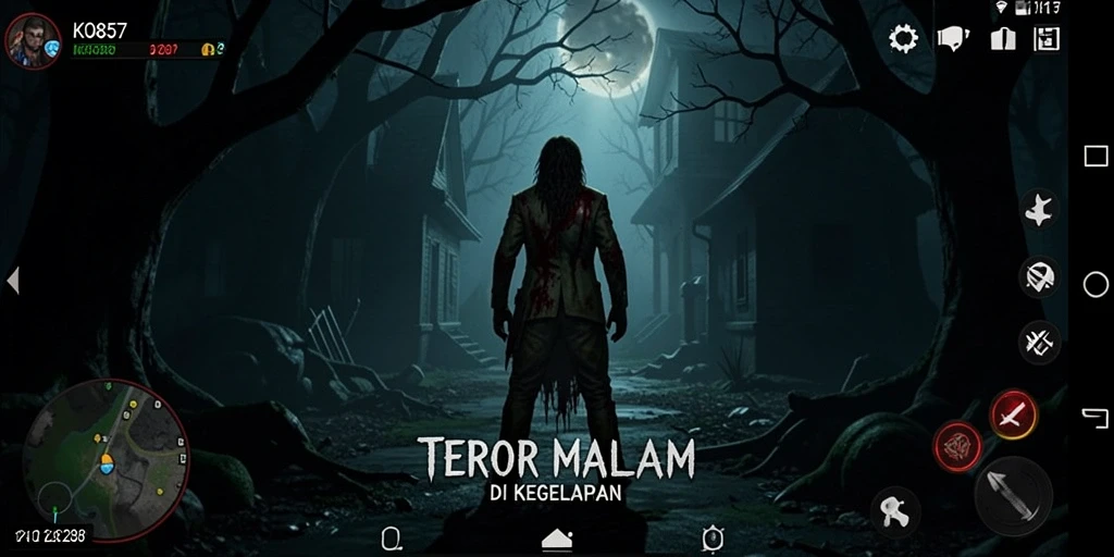 Screenshot menampilkan pemain menjelajahi ruang gelap dengan suasana menakutkan.