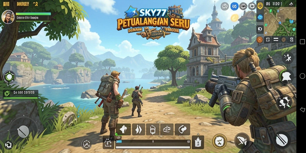 Screenshot menunjukkan pemain menjelajahi alam luas SKY77.